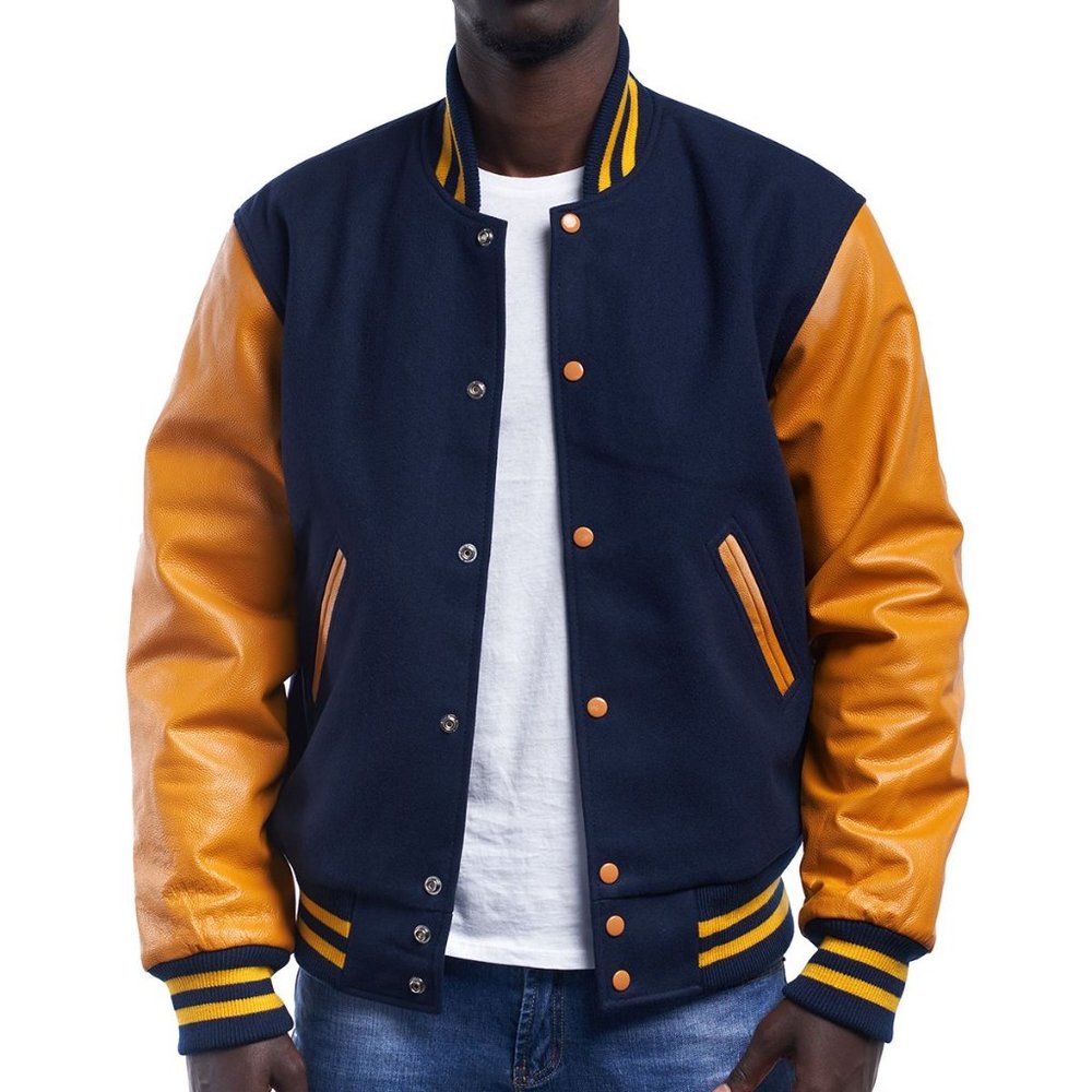 VARSITY BASE Royal Wool Body & Bright Gold Leather Sleeves Letterman Jacket LG
